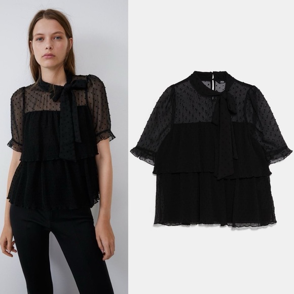 Zara Tops - Zara Black Sheer Dot-Tier Tie-Neck Blouse